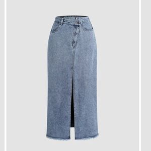 Commense Asymmetrical Button Pockets Slit Denim Maxi Skirt